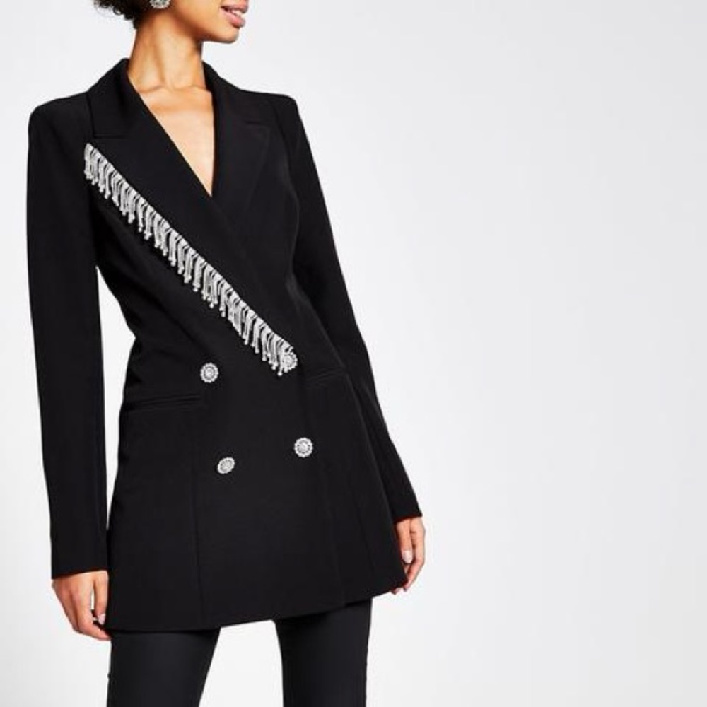 BLACK DIAMANTE FRINGE DOUBLE BREASTED BLAZER
River island